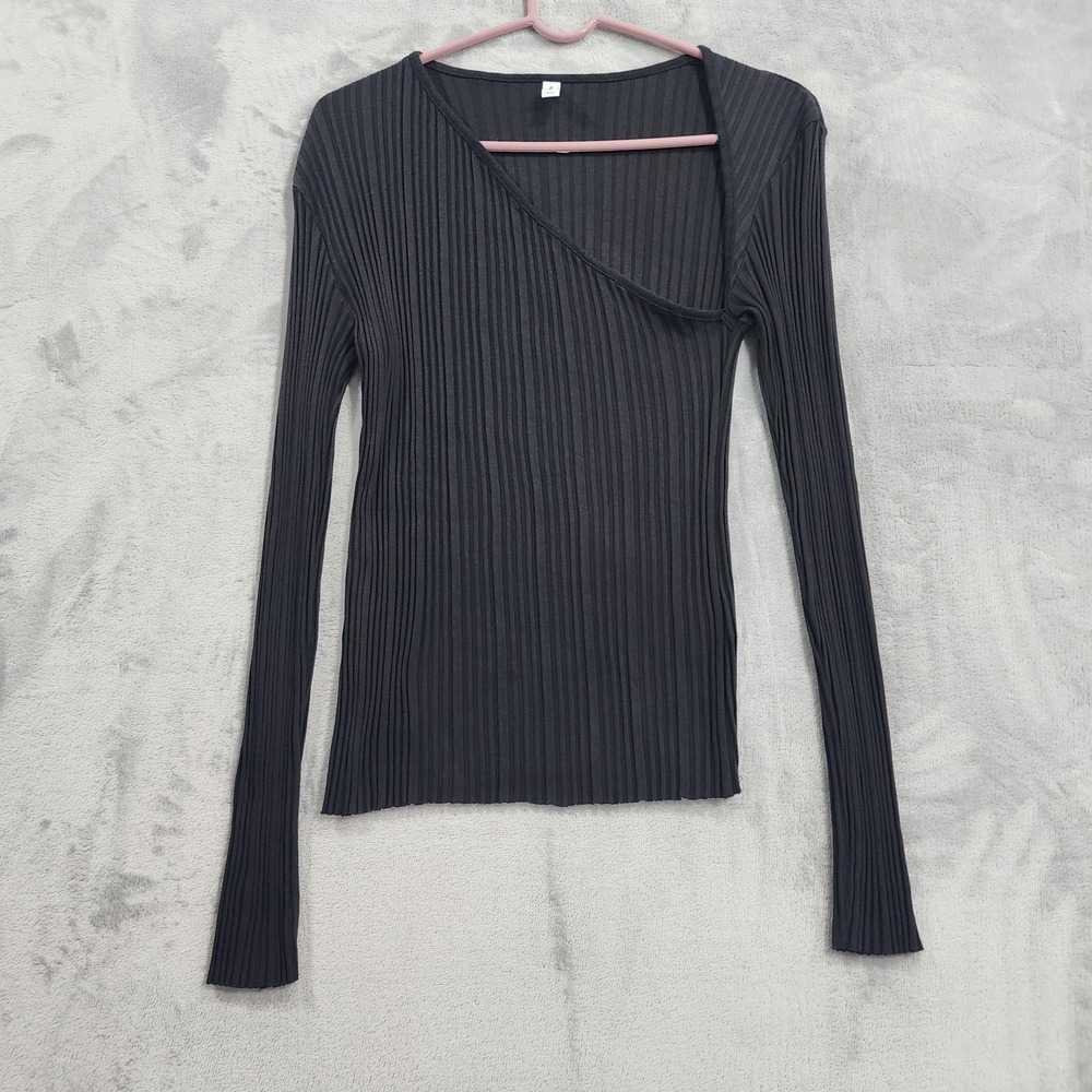 Kotn Top Womens XXL Black Ribbed Asymmetrical V-Neck Long Sleeve Stretch Knit